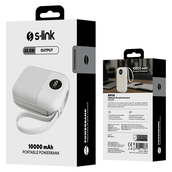 S-LINK MP110 10000MAH PD22.5W TYPE-C+LIGHTNING KABLOLU BEYAZ LCD TAŞINABİLİR PİL ŞARJ CİHAZI POWERBANK - 12