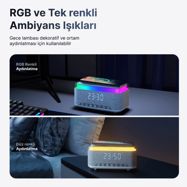 MIKADO MD-W8 1200MAH 10W GRİ BT,USB,KABLOSUZ ŞARJLI RGB-GECE LAMBASI ÖZELLİKLİ ALARMLI SAAT SPEAKER - 20