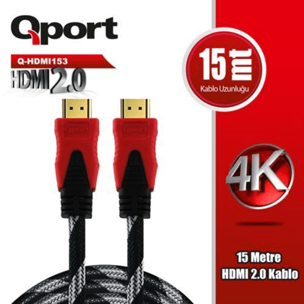 QPORT (Q-HDMI153) 15 METRE 2.0V 4K 60HZ ALTIN UÇLU ÖRGÜLÜ HDMI KABLO - 2