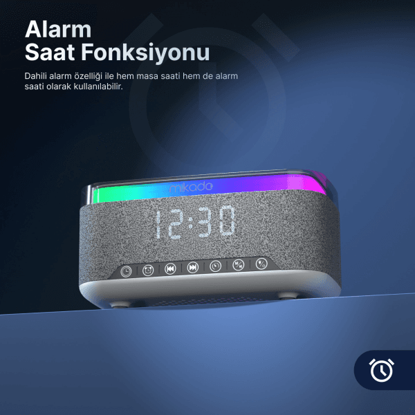 MIKADO MD-W8 1200MAH 10W GRİ BT,USB,KABLOSUZ ŞARJLI RGB-GECE LAMBASI ÖZELLİKLİ ALARMLI SAAT SPEAKER - 19