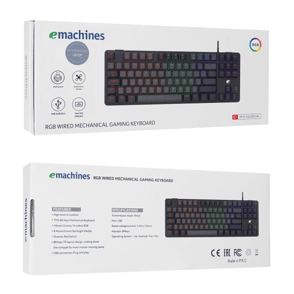 ACER EMACHINES EAK87 GRİ/SİYAH USB RGB BACKLIGHT RED SWITCH MEKANİK Q 87 TUŞLU TKL GAMING KLAVYE - 8