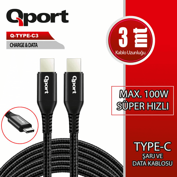 QPORT Q-TYPE-C3 3 METRE TYPE-C 100W PD ŞARJ VE DATA KABLOSU - 3