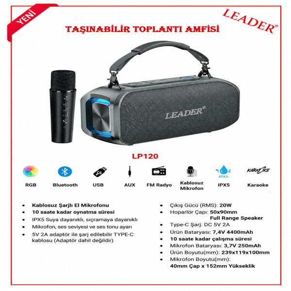 LEADER LP120 PORTATİF KABLOSUZ HOPARLÖR GRİ - 2