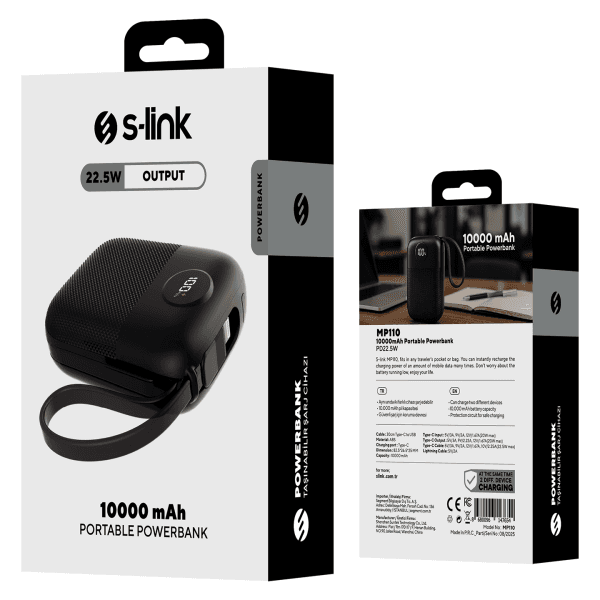 S-LINK MP110 10000MAH PD22.5W TYPE-C+LIGHTNING KABLOLU SİYAH LCD TAŞINABİLİR PİL ŞARJ CİHAZI POWERBANK - 10