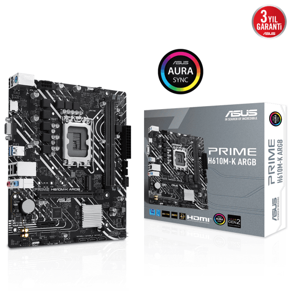 ASUS PRIME H610M-K ARGB INTEL H610 LGA1700 DDR5 5600 HDMI VGA M2 USB3.2 AURA RGB MATX 96GB’A KADAR RAM DESTEĞI ASUS 5X PROTECT - 6