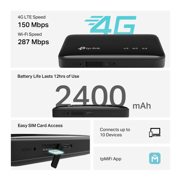 TP-LINK M7005 | 4G LTE MOBIL WI-FI 6 4G TAŞINABILIR MODEM 150MBPS 2400MAH BATARYA 12 SAAT KULLANIM 10 CİHAZ DESTEĞI KOLAY SIM - 14