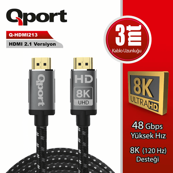 QPORT Q-HDMI213 HDMI 2.1V 8K 3 METRE ALTIN UÇLU ÖRGÜLÜ KABLO - 2