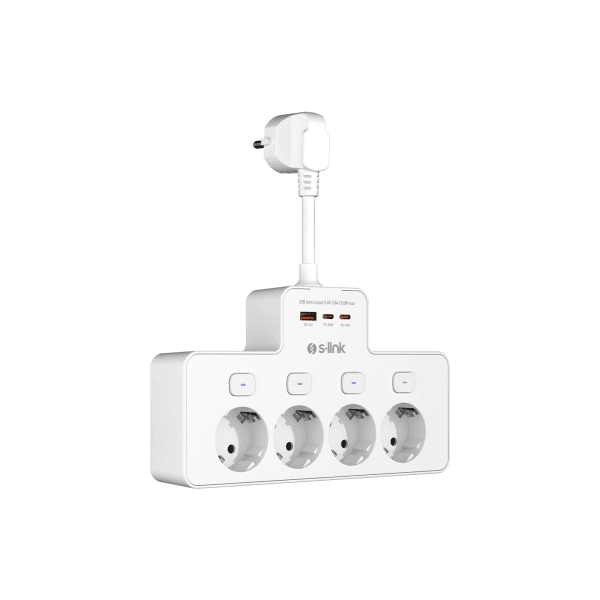 S-LINK PRZ08 BEYAZ 4 SOKETLİ 15CM 1 USB 2 TYPE-C PD20W TAM BAKIR KABLOLU AKIM KORUMALI PRİZ - 12