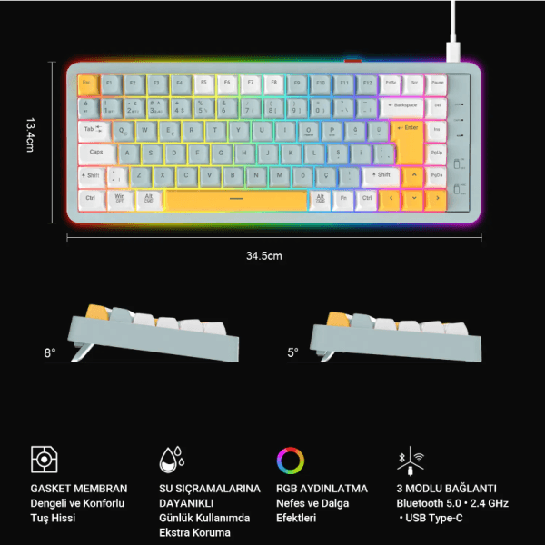 LECOO GK805-WT BLUETOOTH 5.0 / 2.4 GHZ / USB 3 MODLU RGB 85 TUŞ GASKET MEMBRAN TÜRKÇE Q OYUNCU KLAVYESİ BEYAZ TURKUAZ - 12