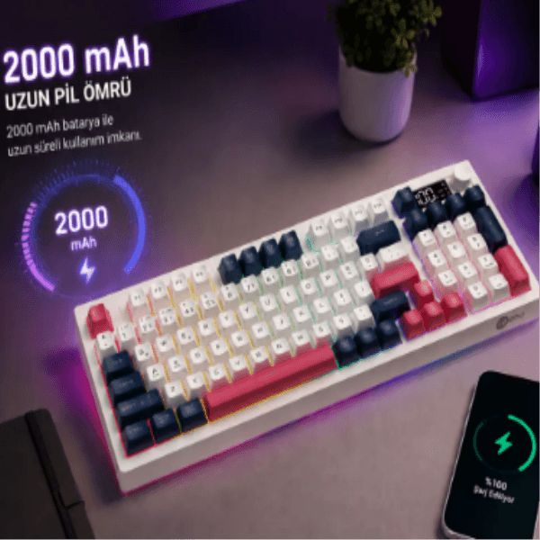 LECOO GK690-WB KABLOSUZ 3 MODLU 96 TUŞLU RGB GASKET MEMBRAN TÜRKÇE Q OYUNCU KLAVYESİ BEYAZ LACİVERT - 7
