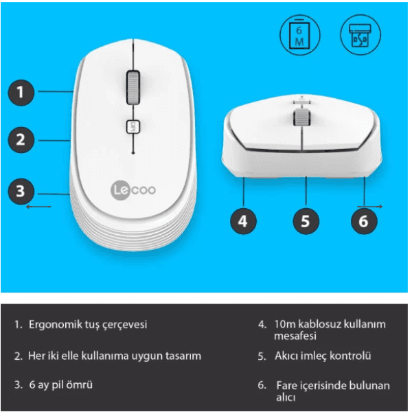 LECOO WS202-B KABLOSUZ 1200DPI 4 TUŞLU OPTIK MOUSE BEYAZ - 4