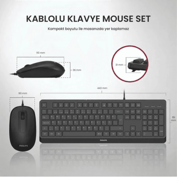 PHILIPS SPT6238B/38 (SİYAH) USB KABLOLU TÜRKÇE Q KLAVYE & MOUSE SET - 6