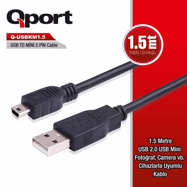 QPORT (Q-USBKM1.5) USB2.0 TO MINI USB 1.5M DATA KABLO - 2