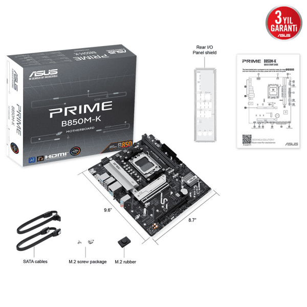 ASUS PRIME B850M-K AMD B850 AM5 DDR5 8200 DP HDMI ÇİFT M2 USB3.2 AURA RGB 2.5GBIT LAN mATX 8+2+1 GÜÇ AŞAMALRI 1xGEN5 M.2 - 10