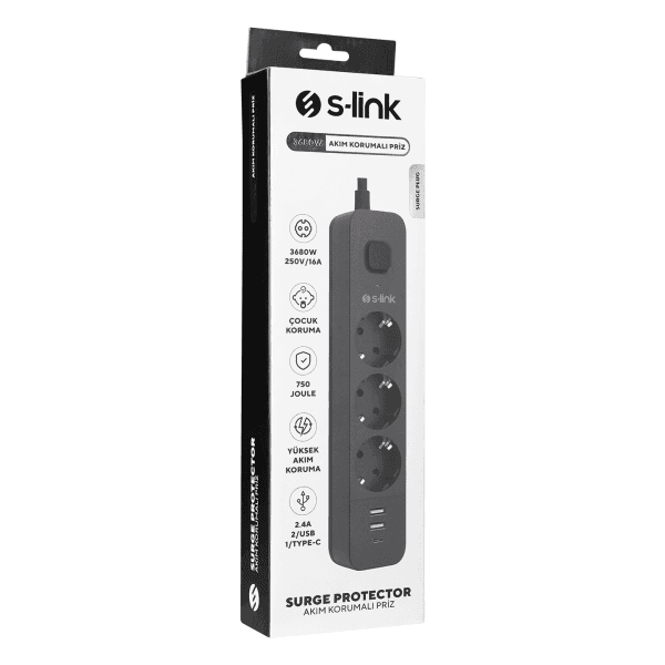 S-LINK SPG03U 2 USB +1TYPE C 5V2.4A 1.5M 3X1.00MM 100% BAKIR 750 JOULE 3 LÜ ANAHTARLI AKIM KORUMALI SİYAH PRİZ - 4