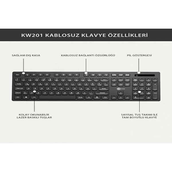 LECOO KW201 (SİYAH) KABLOSUZ TÜRKÇE Q KLAVYE & MOUSE SET - 12