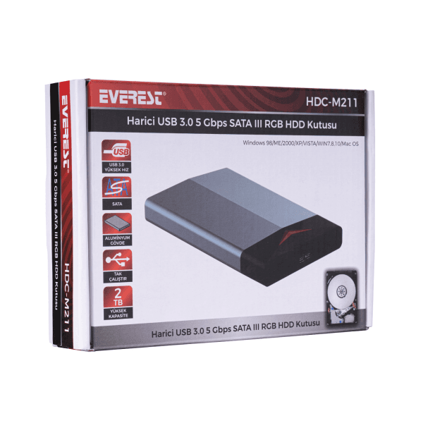 EVEREST HDC-M211 HARİCİ USB3.0 HIZ 5 GBPS SATA III 6 GBPS RGB IŞIKLI HDD KUTUSU - 8