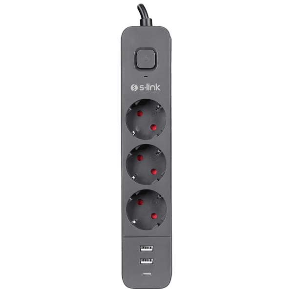S-LINK SPG03U 2 USB +1TYPE C 5V2.4A 1.5M 3X1.00MM 100% BAKIR 750 JOULE 3 LÜ ANAHTARLI AKIM KORUMALI SİYAH PRİZ - 3