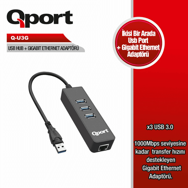 QPORT Q-U3G 3PORT USB3.0 ÇOKLAYICI & GIGABIT ETHERNET ADAPTÖR - 2