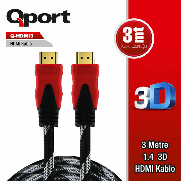 QPORT (Q-HDMI3) 3 METRE 1.4V ALTIN UÇLU ÖRGÜLÜ HDMI KABLO - 4