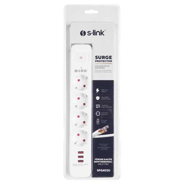 S-LINK SPG403U 1.5M 1.5MM 100% BAKIR 750 JOULE 3 USB 5V2.4A 4LÜ ANAHTARLI AKIM KORUMALI PRİZ - 6
