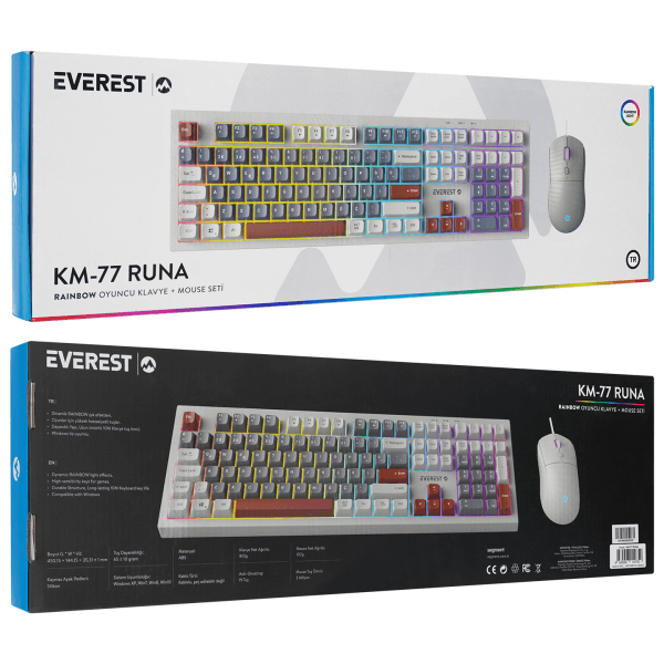 EVEREST KM-77 RUNA GRİ/KREM/KAHVE USB RAINBOW AYDINLATMALI SESSIZ Q KLAVYE + MOUSE SET - 8
