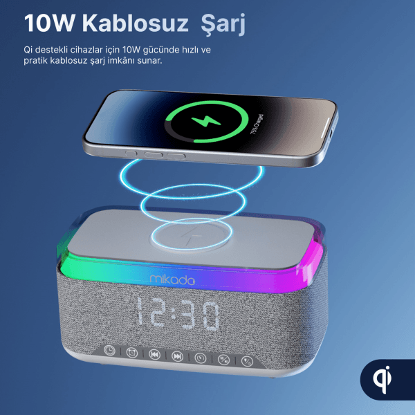 MIKADO MD-W8 1200MAH 10W GRİ BT,USB,KABLOSUZ ŞARJLI RGB-GECE LAMBASI ÖZELLİKLİ ALARMLI SAAT SPEAKER - 18