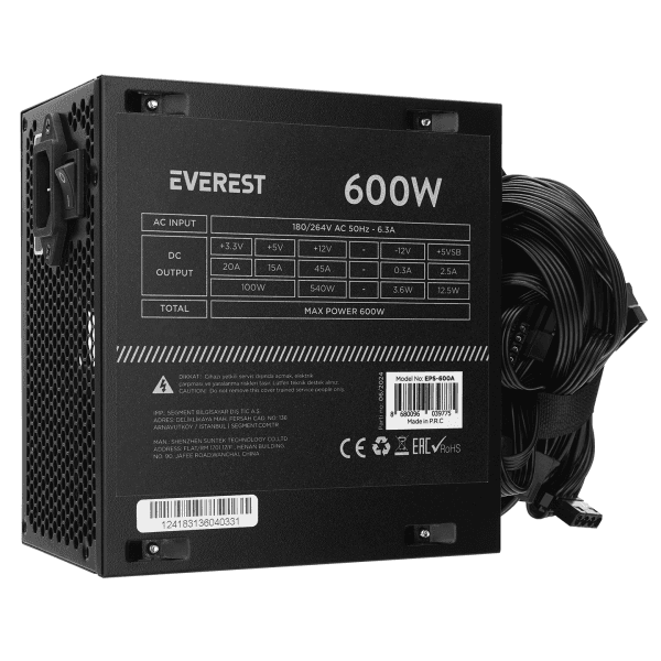 EVEREST EPS-600A PEAK 600W 12CM FAN 4*SATA AKTİF PFC OYUNCU PC DESTEKLİ POWER SUPPLY (KUTUSUZ) - 6