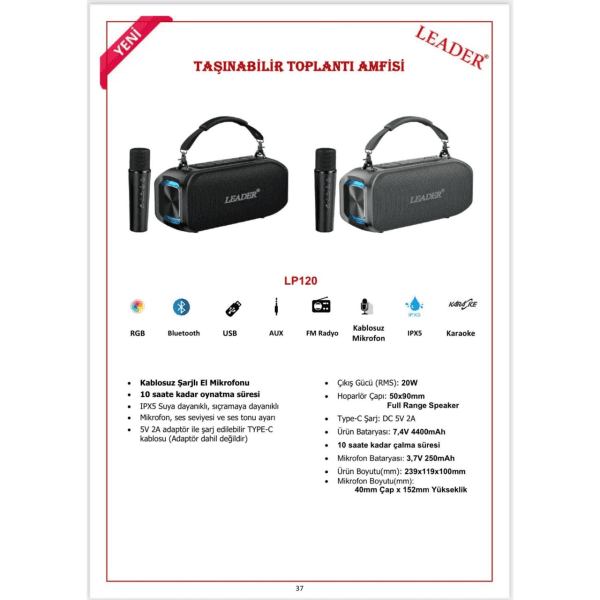 LEADER LP120 PORTATİF KABLOSUZ HOPARLÖR GRİ - 4