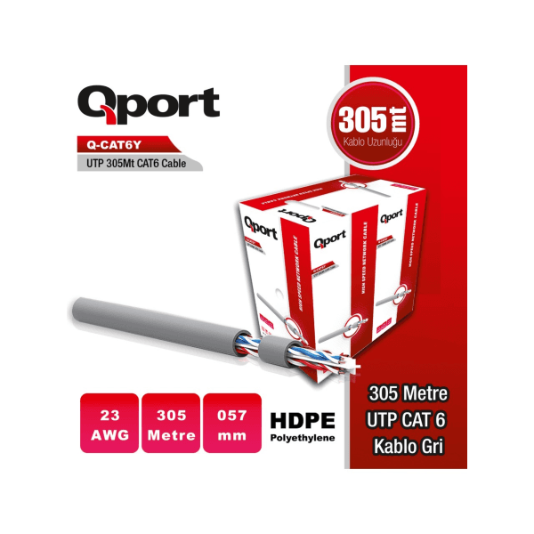QPORT (Q-CAT6Y) 305M CAT6 UTP GRI 23AWG 0.57MM PE KABLO - 2