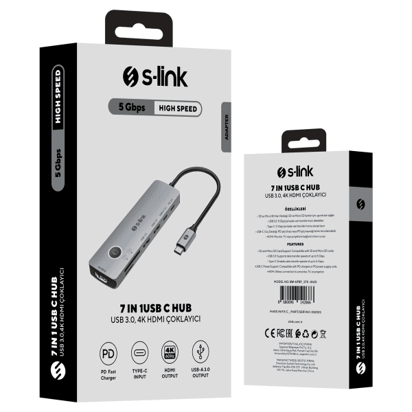 S-LINK SW-U707 HDMI ONOFF GRİ METAL 7 IN 1 2*USB 3.0, 1*TYPE-C 3.1, 1*PD, 1* HDMI 4K60HZ, SD VE TF TYPE C HUB ADAPTÖR - 8