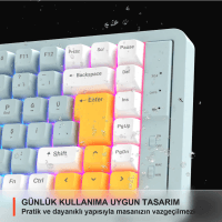 LECOO GK805-WT BLUETOOTH 5.0 / 2.4 GHZ / USB 3 MODLU RGB 85 TUŞ GASKET MEMBRAN TÜRKÇE Q OYUNCU KLAVYESİ BEYAZ TURKUAZ - 3