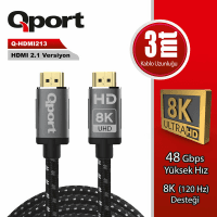 QPORT Q-HDMI213 HDMI 2.1V 8K 3 METRE ALTIN UÇLU ÖRGÜLÜ KABLO