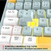 LECOO GK805-WT BLUETOOTH 5.0 / 2.4 GHZ / USB 3 MODLU RGB 85 TUŞ GASKET MEMBRAN TÜRKÇE Q OYUNCU KLAVYESİ BEYAZ TURKUAZ - 2