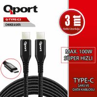 QPORT Q-TYPE-C3 3 METRE TYPE-C 100W PD ŞARJ VE DATA KABLOSU