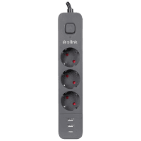 S-LINK SPG03U 2 USB +1TYPE C 5V2.4A 1.5M 3X1.00MM 100% BAKIR 750 JOULE 3 LÜ ANAHTARLI AKIM KORUMALI SİYAH PRİZ